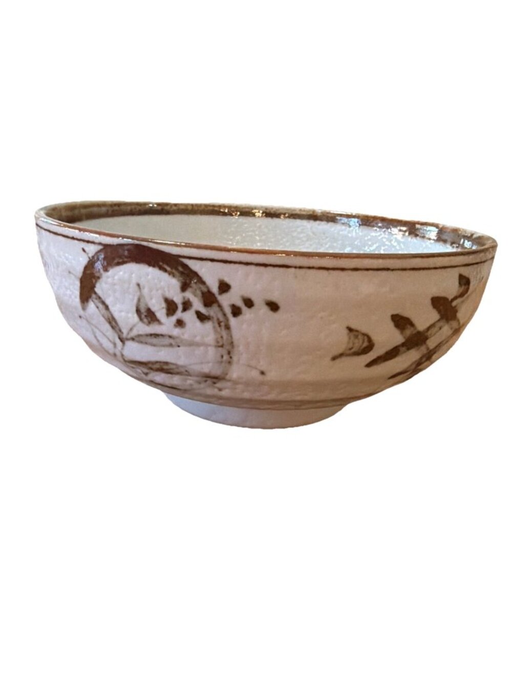 Japanese MCM 7.5” Pedestal Pottery Bowl Gray White Brown Accents Heavy 7.5x3 In